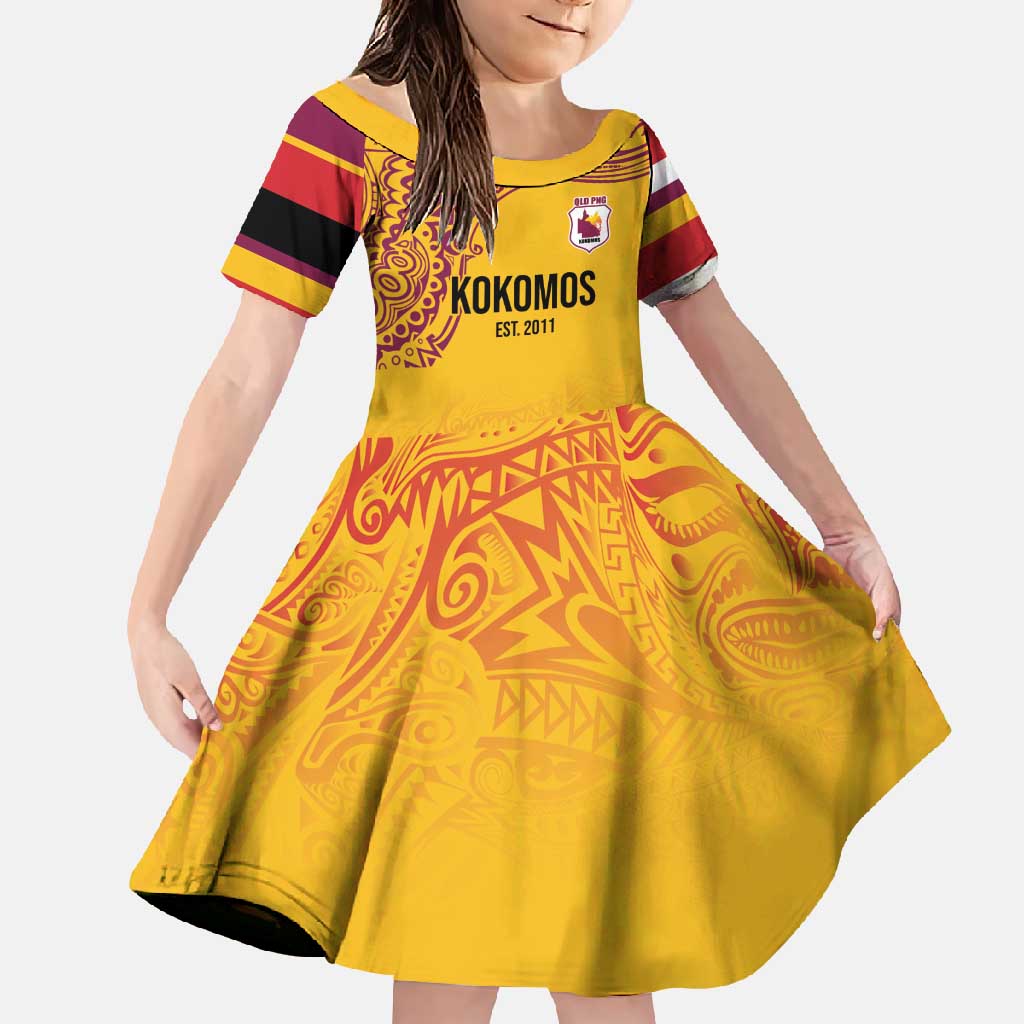 Queensland Papua New Guinea Custom Family Matching Tank Maxi Dress and Hawaiian Shirt All Gold Pacific PNG Tribal Style LT9 Daughter's Dress Gold - Polynesian Pride