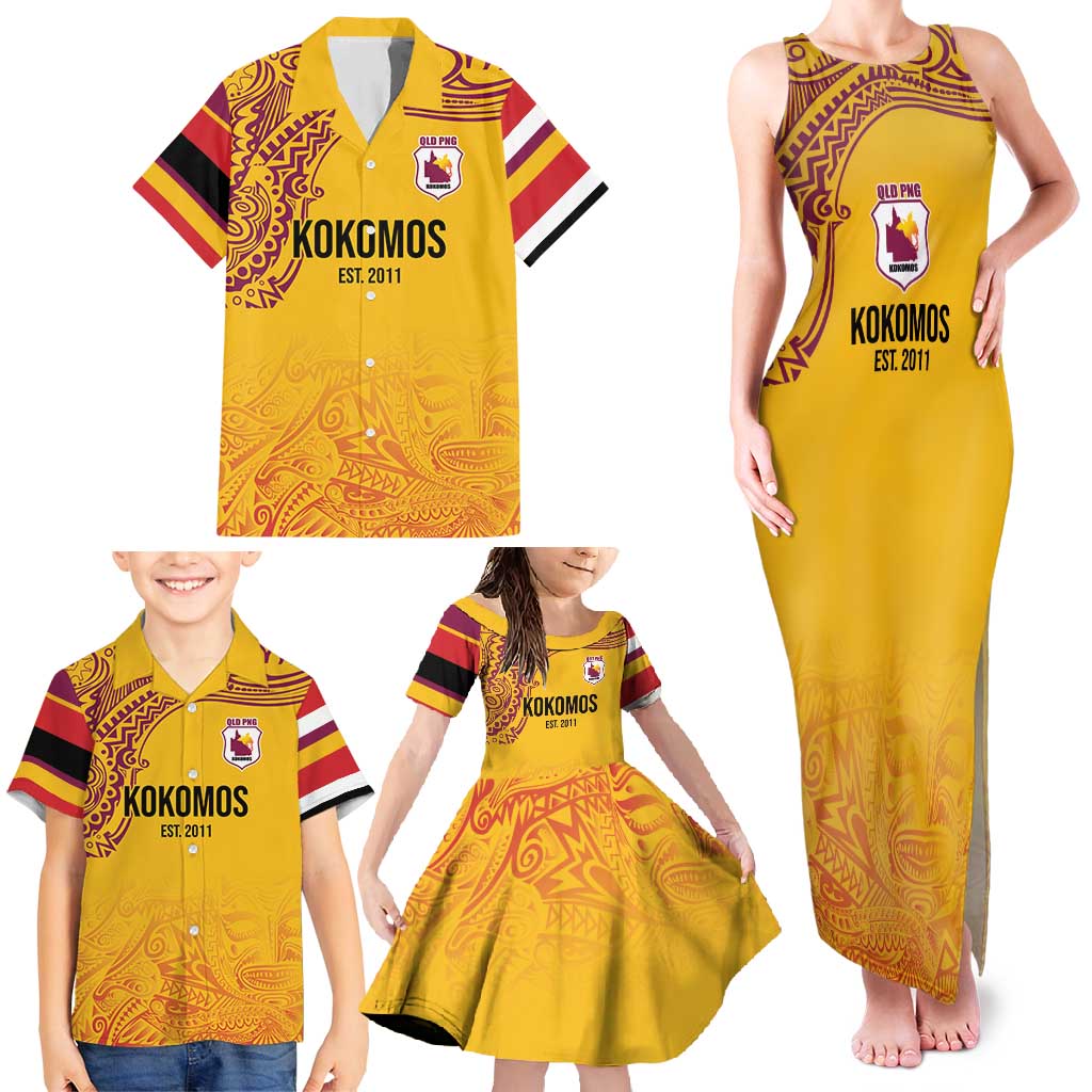 Queensland Papua New Guinea Custom Family Matching Tank Maxi Dress and Hawaiian Shirt All Gold Pacific PNG Tribal Style
