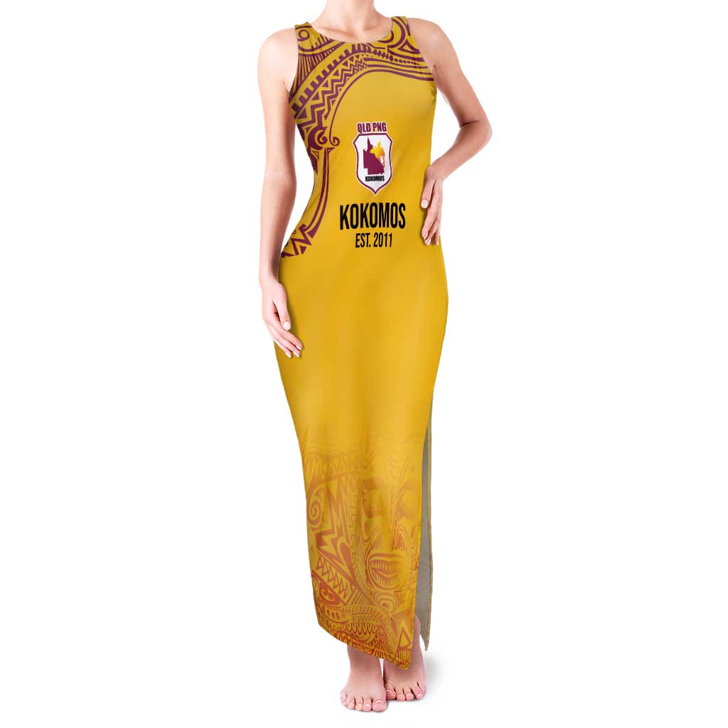 Queensland Papua New Guinea Custom Family Matching Tank Maxi Dress and Hawaiian Shirt All Gold Pacific PNG Tribal Style LT9 Mom's Dress Gold - Polynesian Pride
