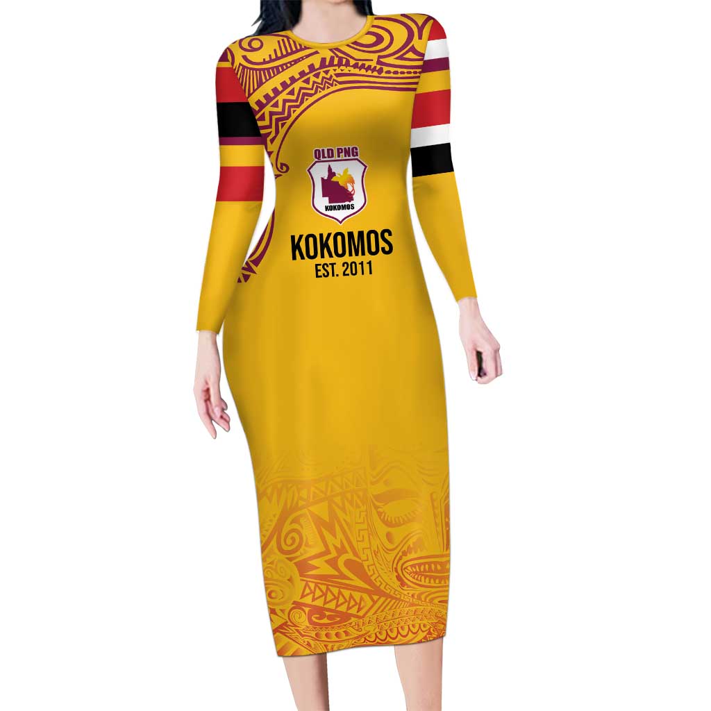 Queensland Papua New Guinea Custom Long Sleeve Bodycon Dress All Gold Pacific PNG Tribal Style LT9 Long Dress Gold - Polynesian Pride