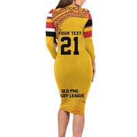 Queensland Papua New Guinea Custom Long Sleeve Bodycon Dress All Gold Pacific PNG Tribal Style LT9 - Polynesian Pride