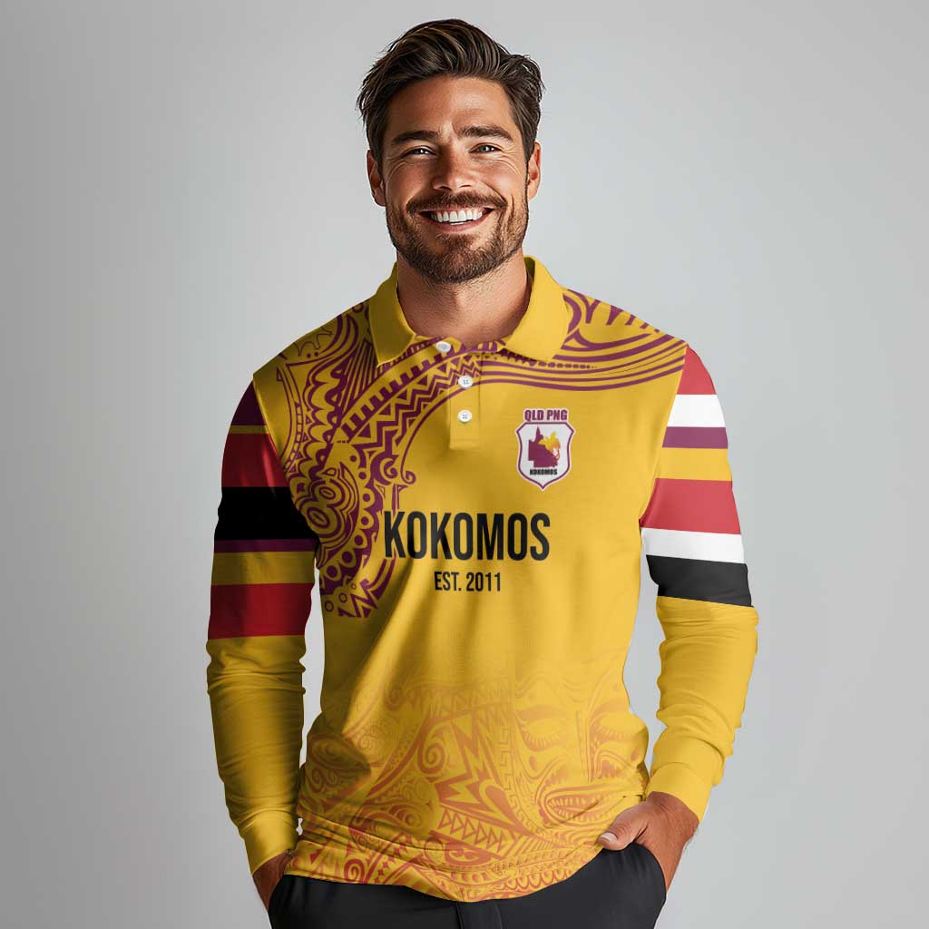 Queensland Papua New Guinea Custom Long Sleeve Polo Shirt All Gold Pacific PNG Tribal Style