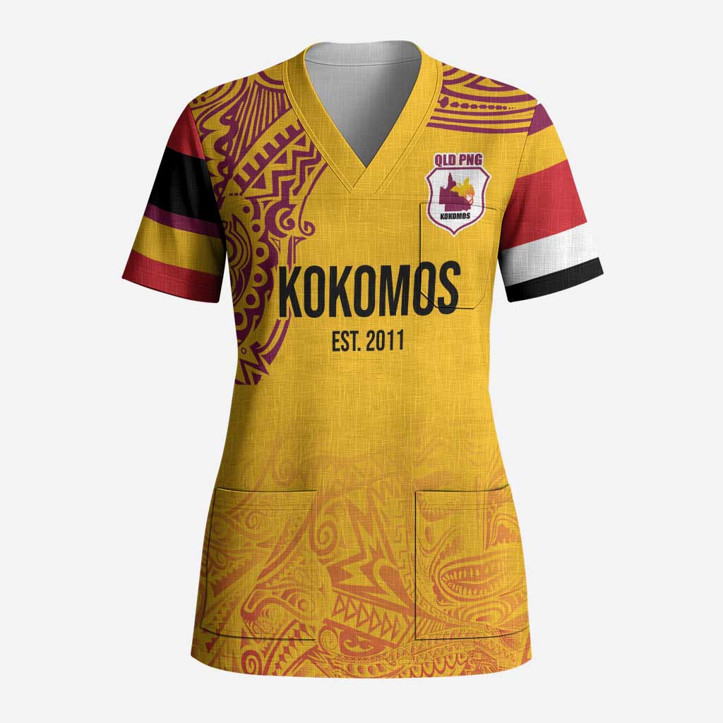 Queensland Papua New Guinea Custom Scrub Top All Gold Pacific PNG Tribal Style - Polynesian Pride