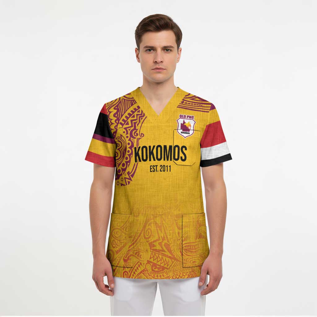 Queensland Papua New Guinea Custom Scrub Top All Gold Pacific PNG Tribal Style - Polynesian Pride