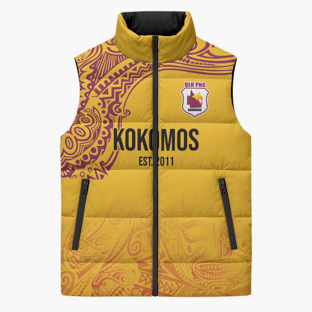 Queensland Papua New Guinea Custom Sleeveless Puffer Jacket All Gold Pacific PNG Tribal Style - Polynesian Pride