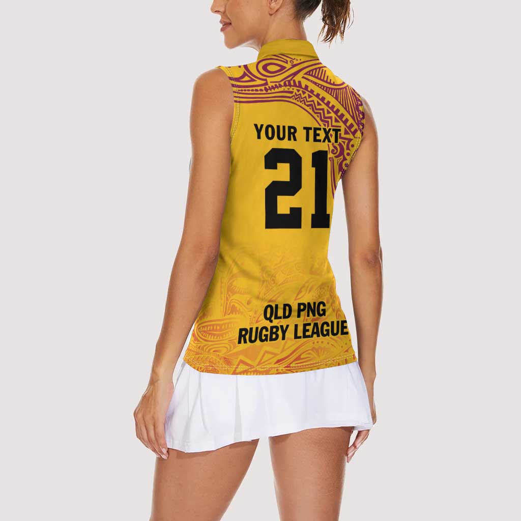 Queensland Papua New Guinea Custom Women Sleeveless Polo Shirt All Gold Pacific PNG Tribal Style