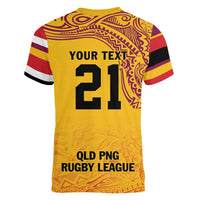 Queensland Papua New Guinea Custom Women V-Neck T-Shirt All Gold Pacific PNG Tribal Style LT9 - Polynesian Pride