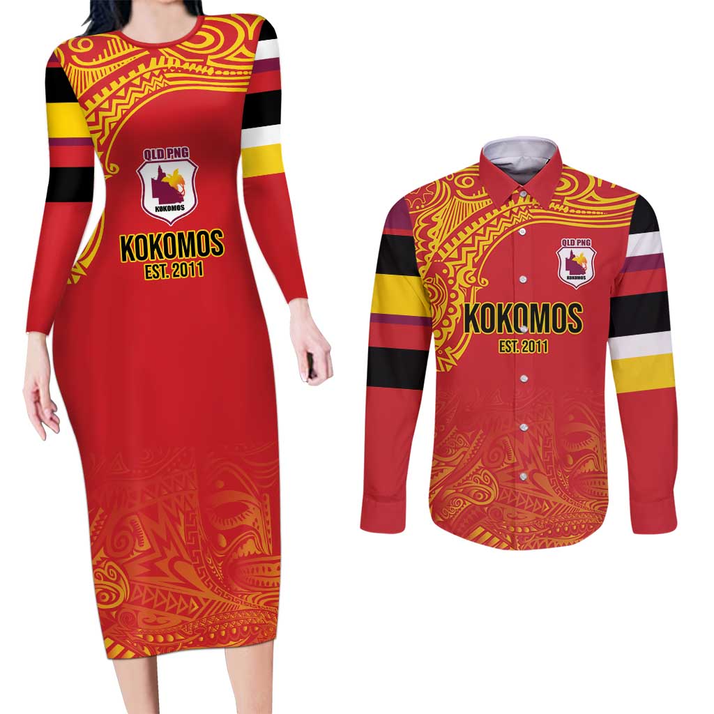 Queensland Papua New Guinea Custom Couples Matching Long Sleeve Bodycon Dress and Long Sleeve Button Shirt All Red Pacific PNG Tribal Style