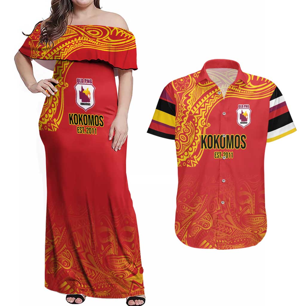 Queensland Papua New Guinea Custom Couples Matching Off Shoulder Maxi Dress and Hawaiian Shirt All Red Pacific PNG Tribal Style