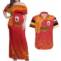Queensland Papua New Guinea Custom Couples Matching Off Shoulder Maxi Dress and Hawaiian Shirt All Red Pacific PNG Tribal Style LT9 Red - Polynesian Pride