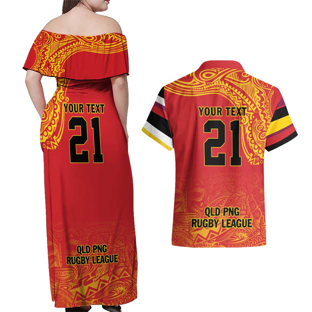 Queensland Papua New Guinea Custom Couples Matching Off Shoulder Maxi Dress and Hawaiian Shirt All Red Pacific PNG Tribal Style LT9 - Polynesian Pride
