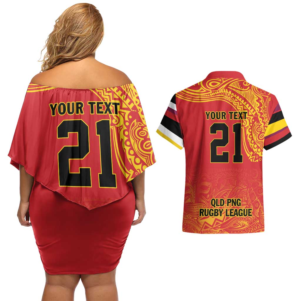 Queensland Papua New Guinea Custom Couples Matching Off Shoulder Short Dress and Hawaiian Shirt All Red Pacific PNG Tribal Style LT9 - Polynesian Pride
