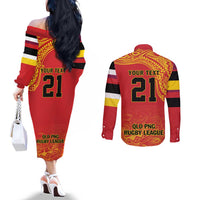 Queensland Papua New Guinea Custom Couples Matching Off The Shoulder Long Sleeve Dress and Long Sleeve Button Shirt All Red Pacific PNG Tribal Style