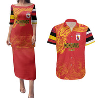 Queensland Papua New Guinea Custom Couples Matching Puletasi and Hawaiian Shirt All Red Pacific PNG Tribal Style