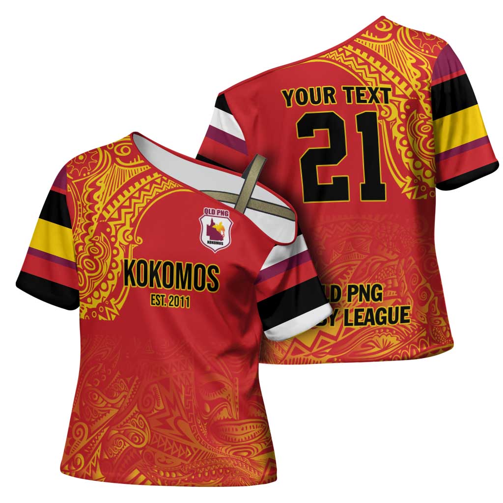 Queensland Papua New Guinea Custom Cross Shoulder Shirt All Red Pacific PNG Tribal Style - Polynesian Pride