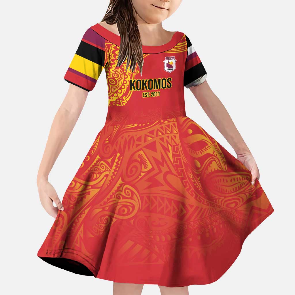 Queensland Papua New Guinea Custom Family Matching Long Sleeve Bodycon Dress and Hawaiian Shirt All Red Pacific PNG Tribal Style LT9 Daughter's Dress Red - Polynesian Pride