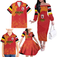 Queensland Papua New Guinea Custom Family Matching Off The Shoulder Long Sleeve Dress and Hawaiian Shirt All Red Pacific PNG Tribal Style