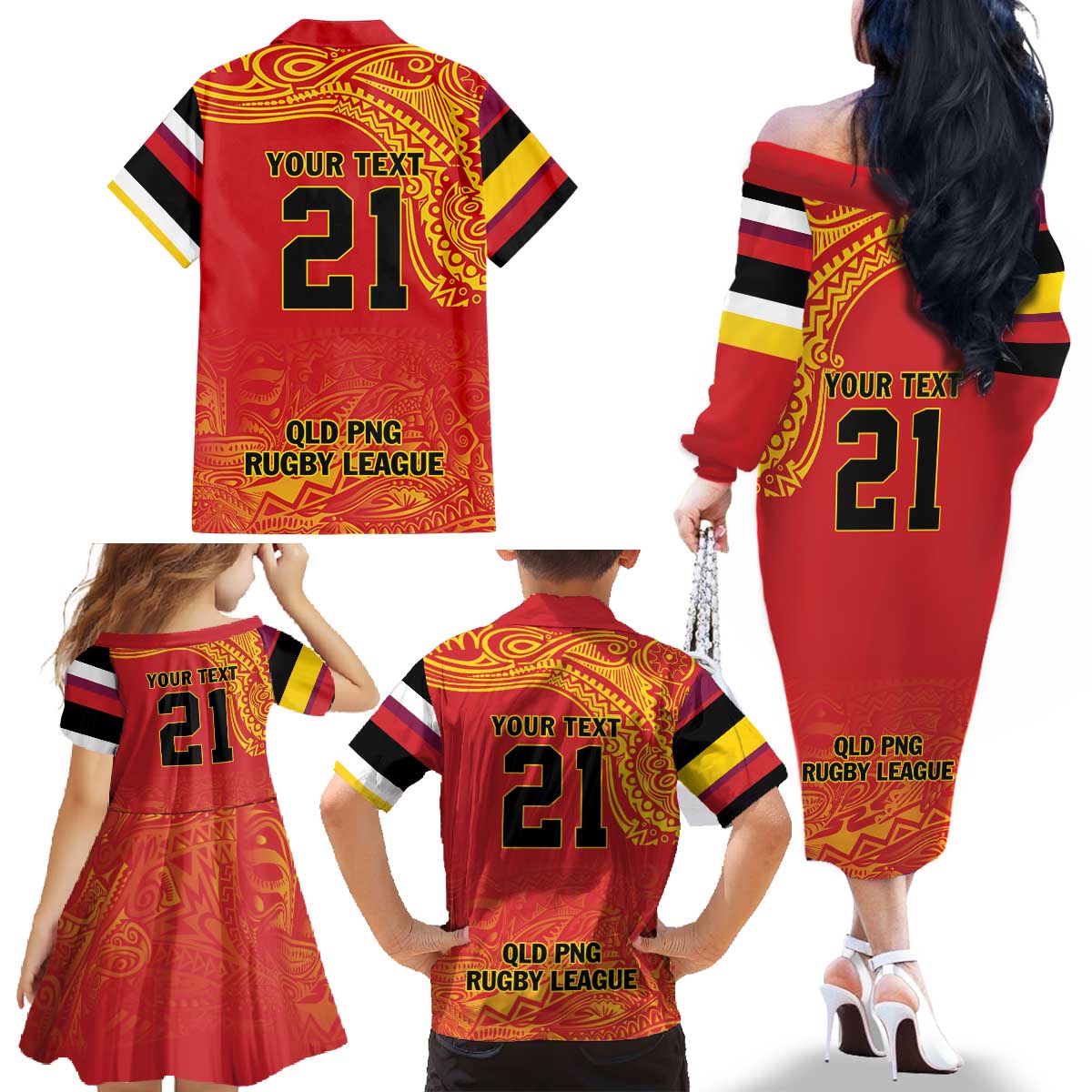 Queensland Papua New Guinea Custom Family Matching Off The Shoulder Long Sleeve Dress and Hawaiian Shirt All Red Pacific PNG Tribal Style