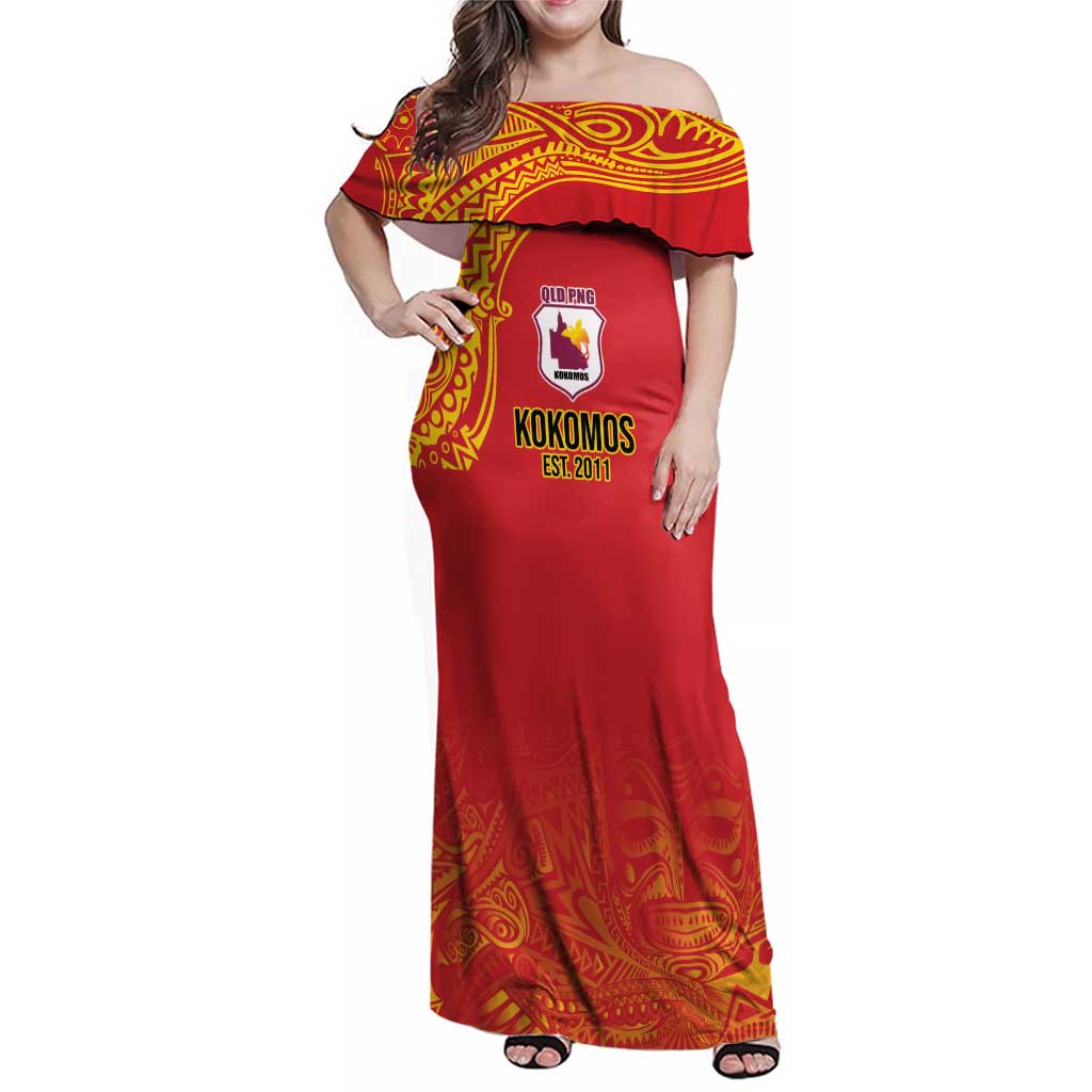Queensland Papua New Guinea Custom Family Matching Off Shoulder Maxi Dress and Hawaiian Shirt All Red Pacific PNG Tribal Style