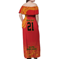 Queensland Papua New Guinea Custom Family Matching Off Shoulder Maxi Dress and Hawaiian Shirt All Red Pacific PNG Tribal Style