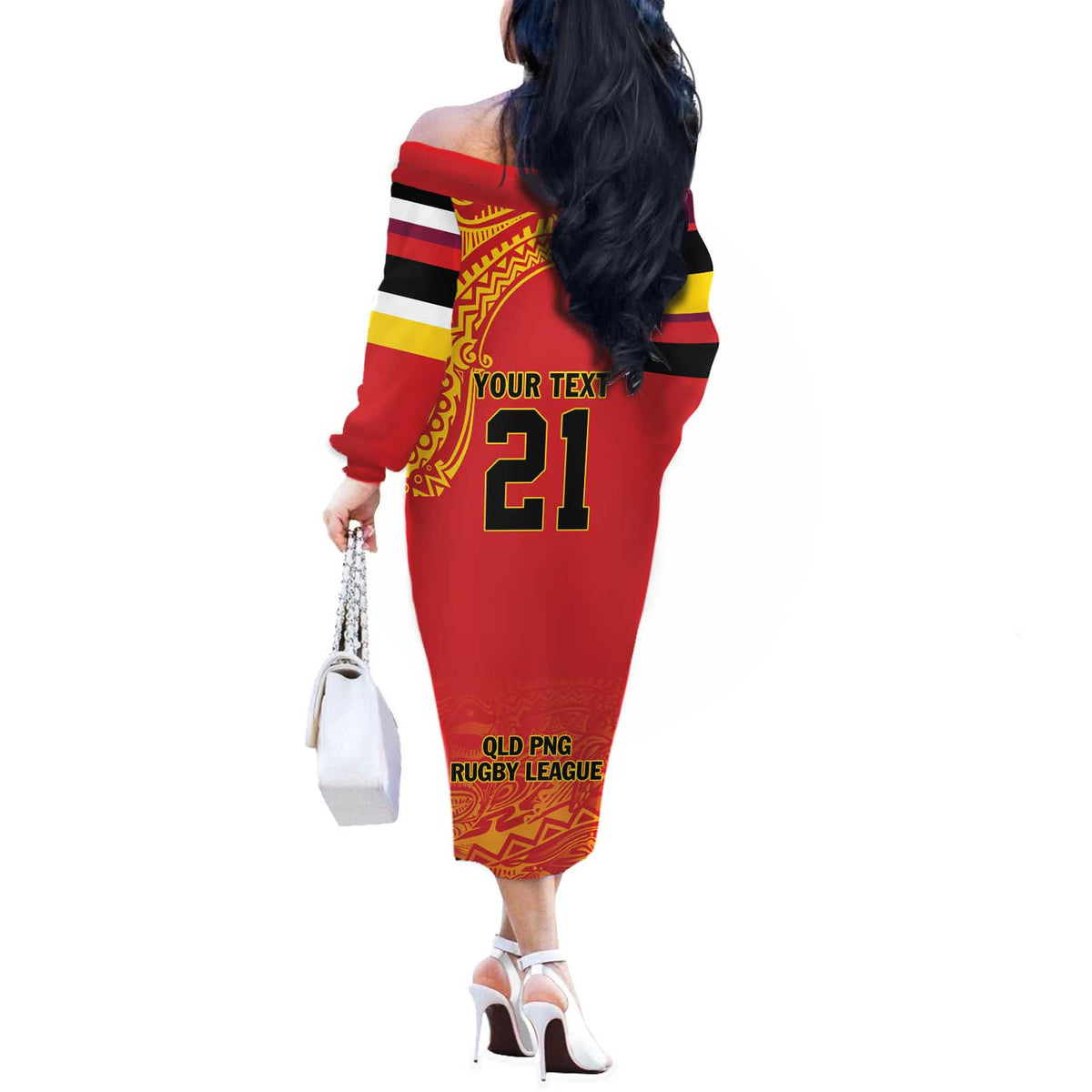 Queensland Papua New Guinea Custom Off The Shoulder Long Sleeve Dress All Red Pacific PNG Tribal Style LT9 - Polynesian Pride