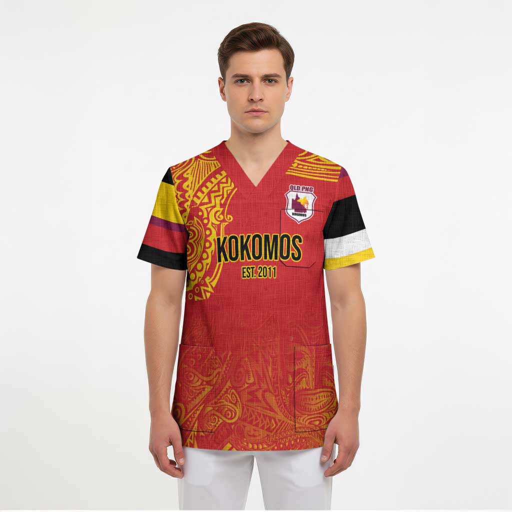 Queensland Papua New Guinea Custom Scrub Top All Red Pacific PNG Tribal Style - Polynesian Pride