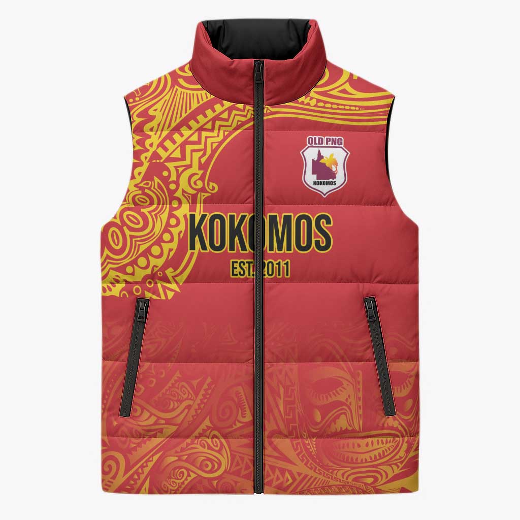 Queensland Papua New Guinea Custom Sleeveless Puffer Jacket All Red Pacific PNG Tribal Style - Polynesian Pride