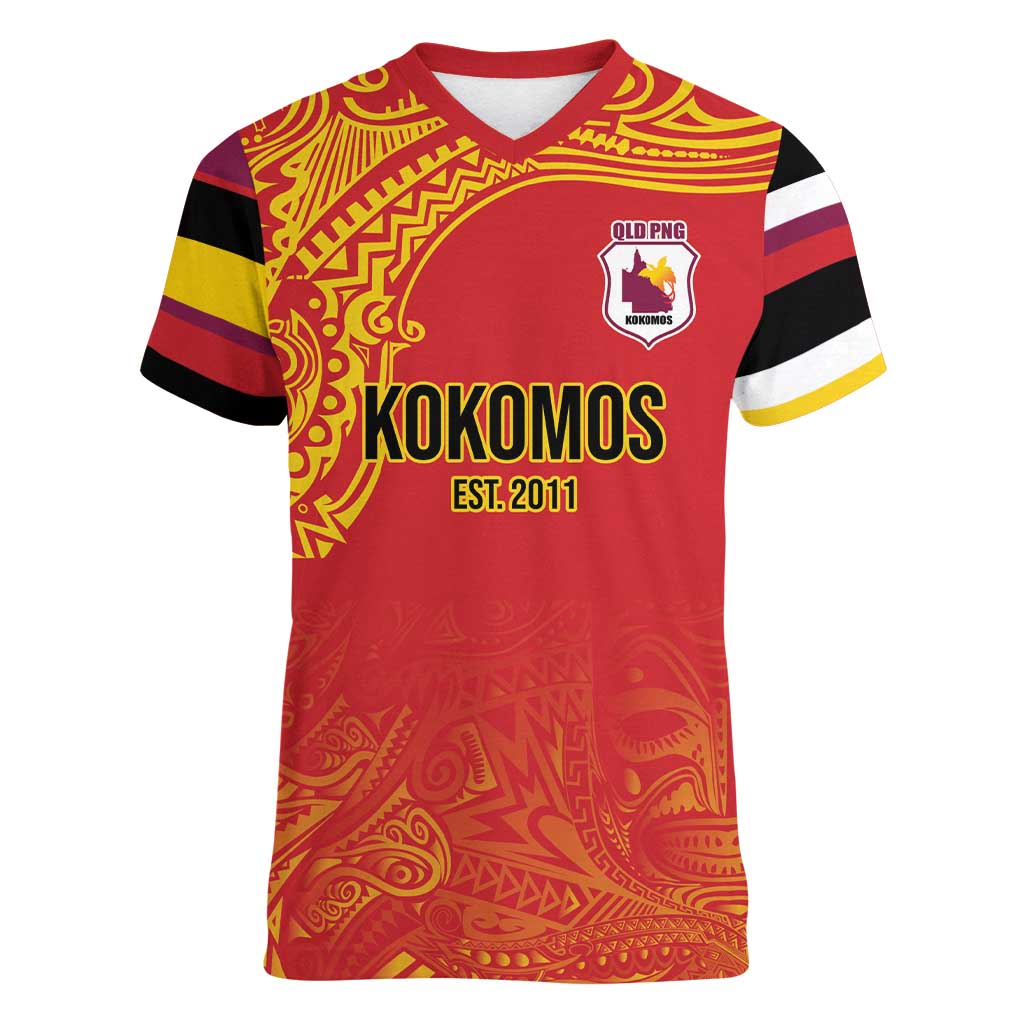 Queensland Papua New Guinea Custom Women V-Neck T-Shirt All Red Pacific PNG Tribal Style LT9 Female Red - Polynesian Pride