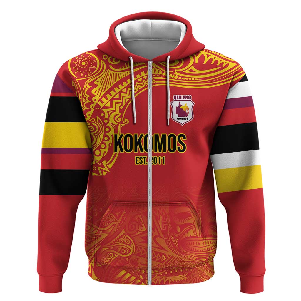 Queensland Papua New Guinea Custom Zip Hoodie All Red Pacific PNG Tribal Style