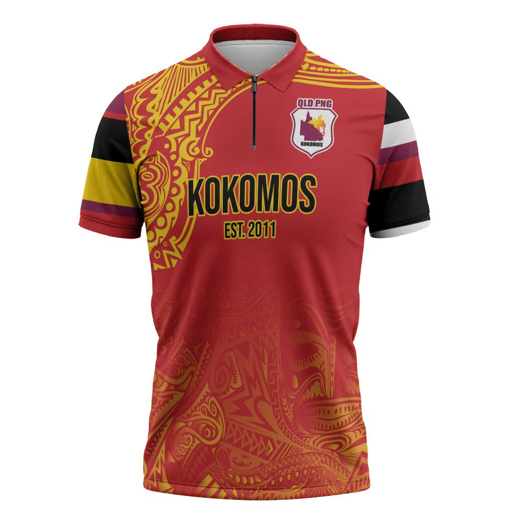 Queensland Papua New Guinea Custom Zipper Polo Shirt All Red Pacific PNG Tribal Style - Polynesian Pride