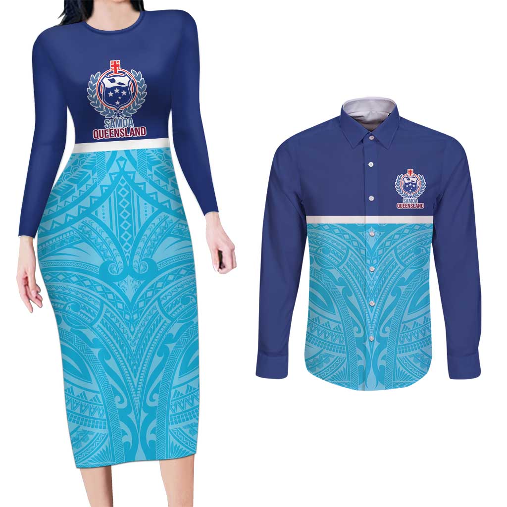 Queensland Samoa Custom Couples Matching Long Sleeve Bodycon Dress and Long Sleeve Button Shirt Blue Pacific Polynesian Tribal Pattern
