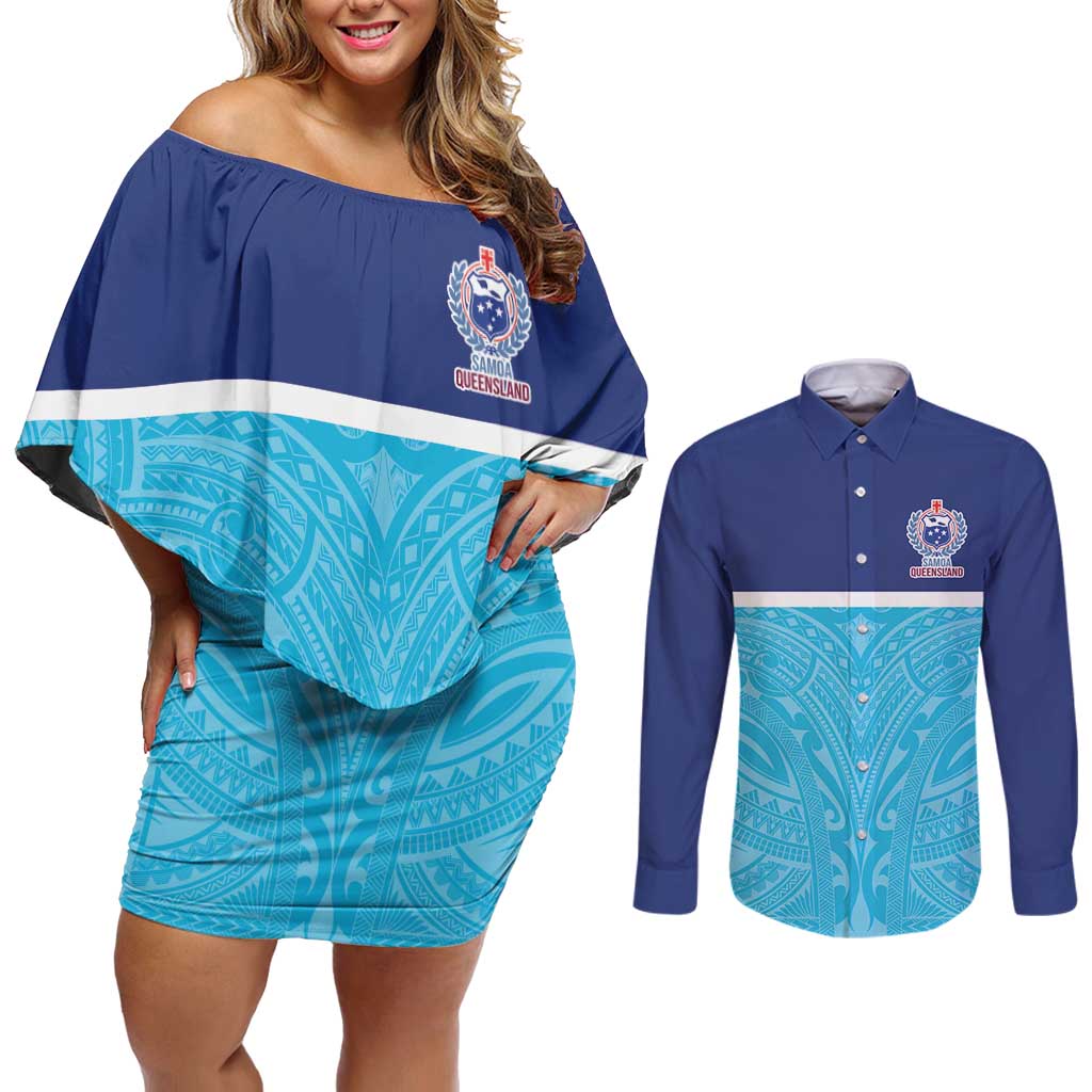 Queensland Samoa Custom Couples Matching Off Shoulder Short Dress and Long Sleeve Button Shirt Blue Pacific Polynesian Tribal Pattern