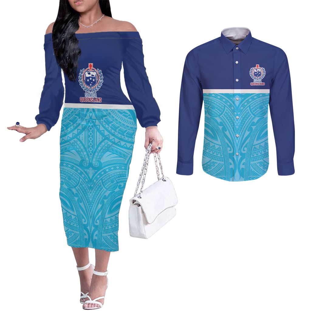 Queensland Samoa Custom Couples Matching Off The Shoulder Long Sleeve Dress and Long Sleeve Button Shirt Blue Pacific Polynesian Tribal Pattern
