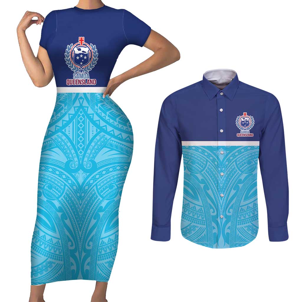 Queensland Samoa Custom Couples Matching Short Sleeve Bodycon Dress and Long Sleeve Button Shirt Blue Pacific Polynesian Tribal Pattern