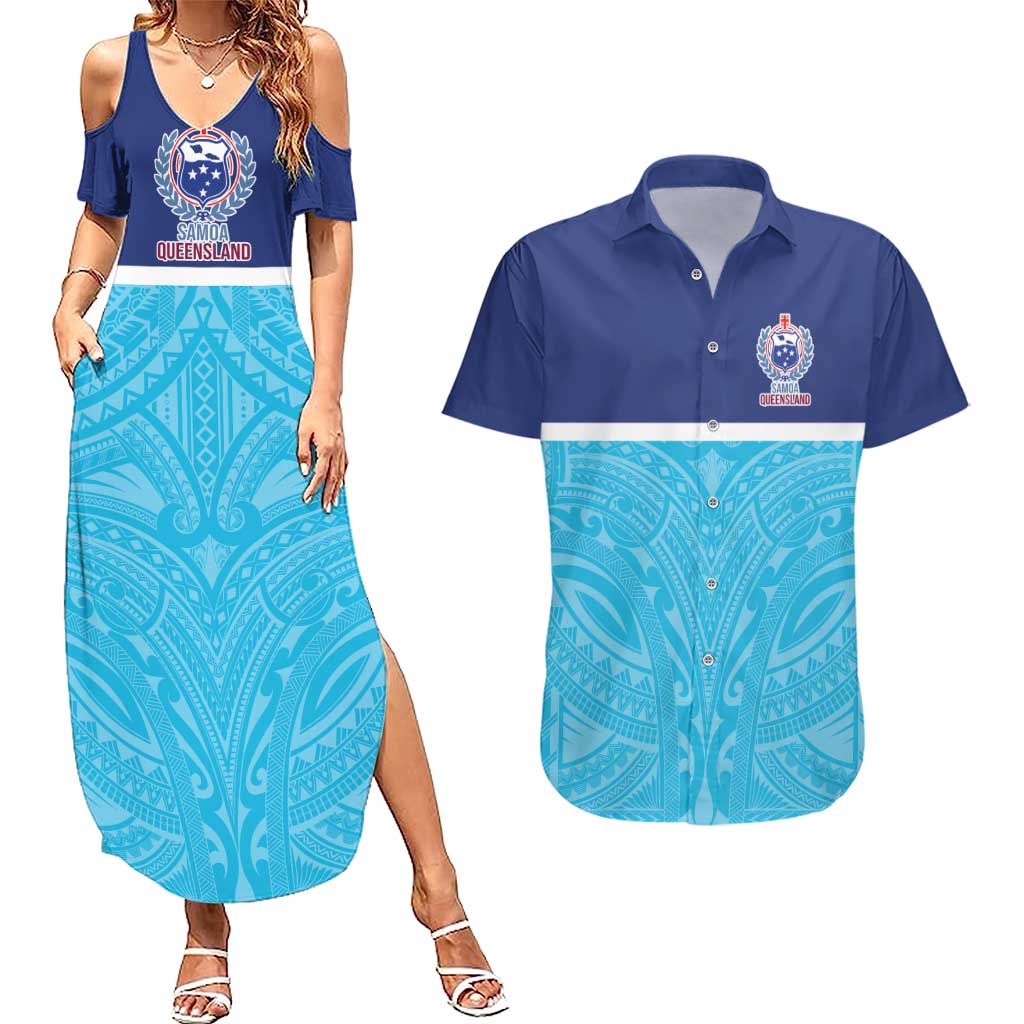 Queensland Samoa Custom Couples Matching Summer Maxi Dress and Hawaiian Shirt Blue Pacific Polynesian Tribal Pattern