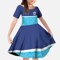 Queensland Samoa Custom Family Matching Off The Shoulder Long Sleeve Dress and Hawaiian Shirt Blue Pacific Polynesian Tribal Pattern