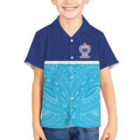 Queensland Samoa Custom Family Matching Off The Shoulder Long Sleeve Dress and Hawaiian Shirt Blue Pacific Polynesian Tribal Pattern