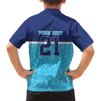 Queensland Samoa Custom Family Matching Off Shoulder Short Dress and Hawaiian Shirt Blue Pacific Polynesian Tribal Pattern