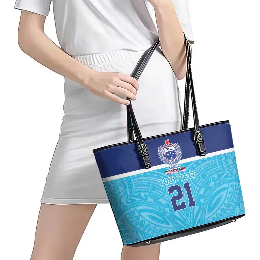 Queensland Samoa Custom Leather Tote Bag Blue Pacific Polynesian Tribal Pattern