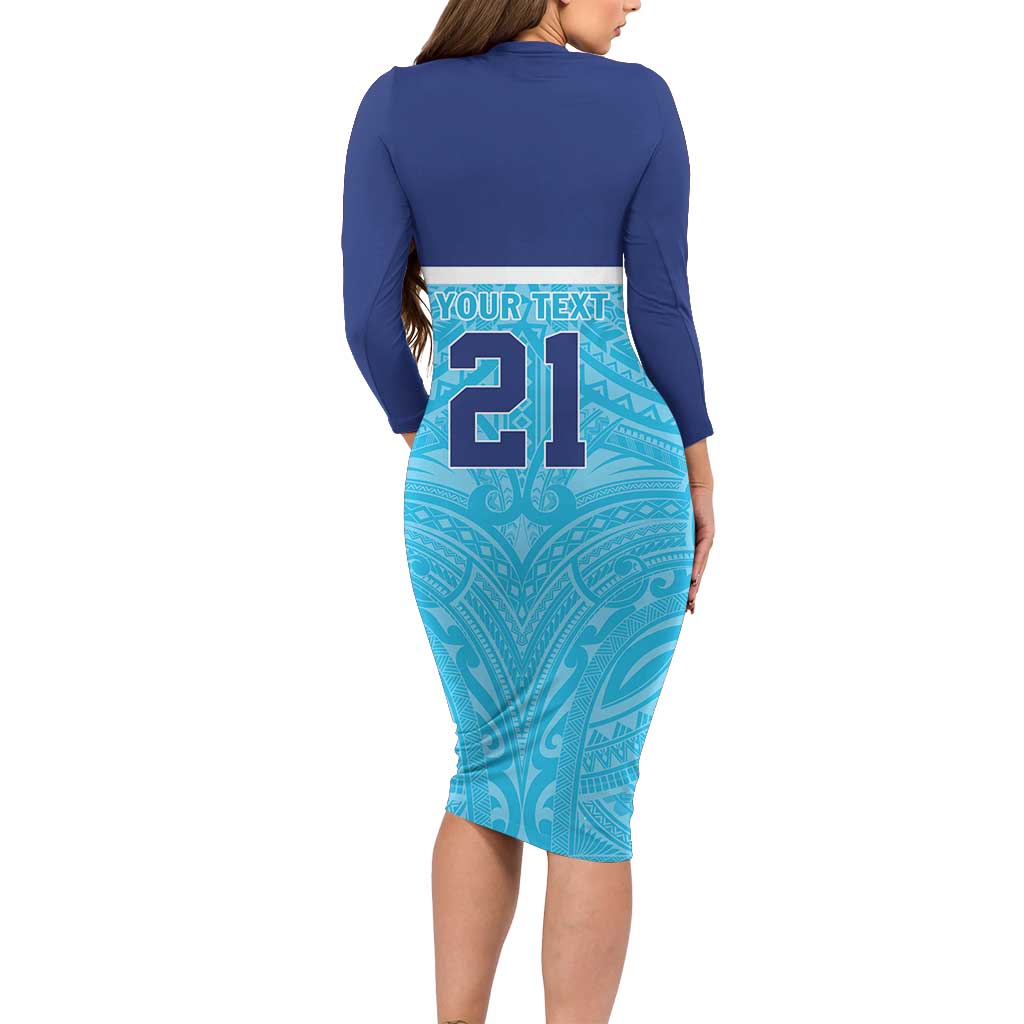 Queensland Samoa Custom Long Sleeve Bodycon Dress Blue Pacific Polynesian Tribal Pattern