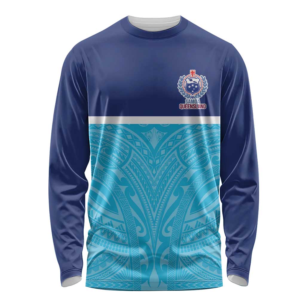 Queensland Samoa Custom Long Sleeve Shirt Blue Pacific Polynesian Tribal Pattern
