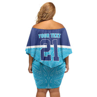 Queensland Samoa Custom Off Shoulder Short Dress Blue Pacific Polynesian Tribal Pattern