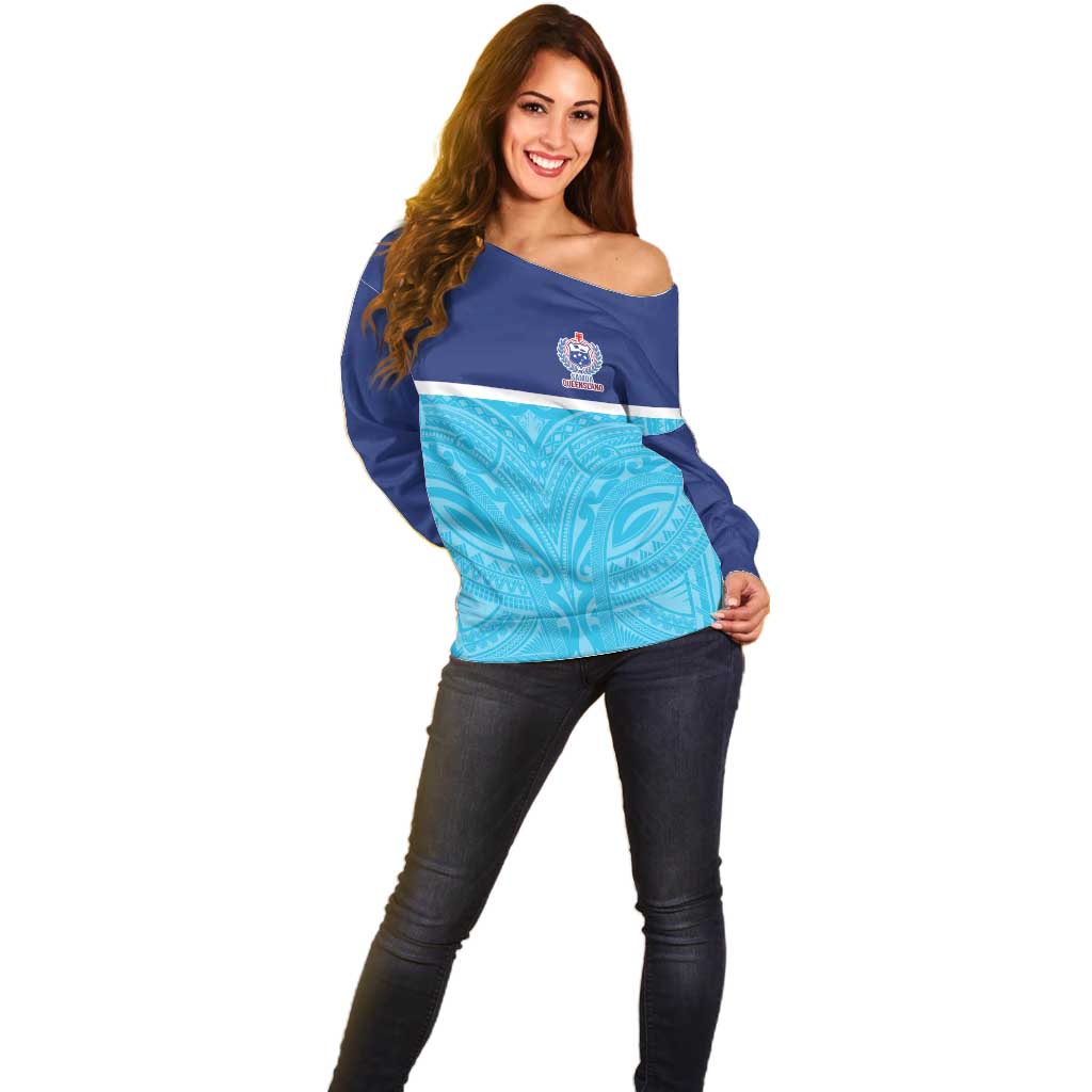 Queensland Samoa Custom Off Shoulder Sweater Blue Pacific Polynesian Tribal Pattern