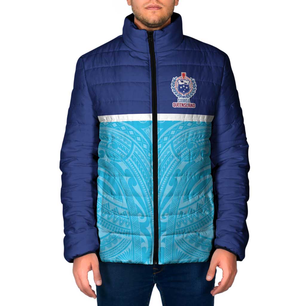 Queensland Samoa Custom Padded Jacket Blue Pacific Polynesian Tribal Pattern - Polynesian Pride