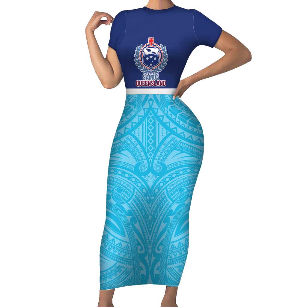 Queensland Samoa Custom Short Sleeve Bodycon Dress Blue Pacific Polynesian Tribal Pattern