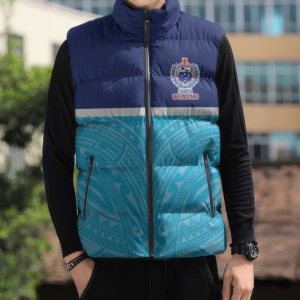 Queensland Samoa Custom Sleeveless Puffer Jacket Blue Pacific Polynesian Tribal Pattern - Polynesian Pride