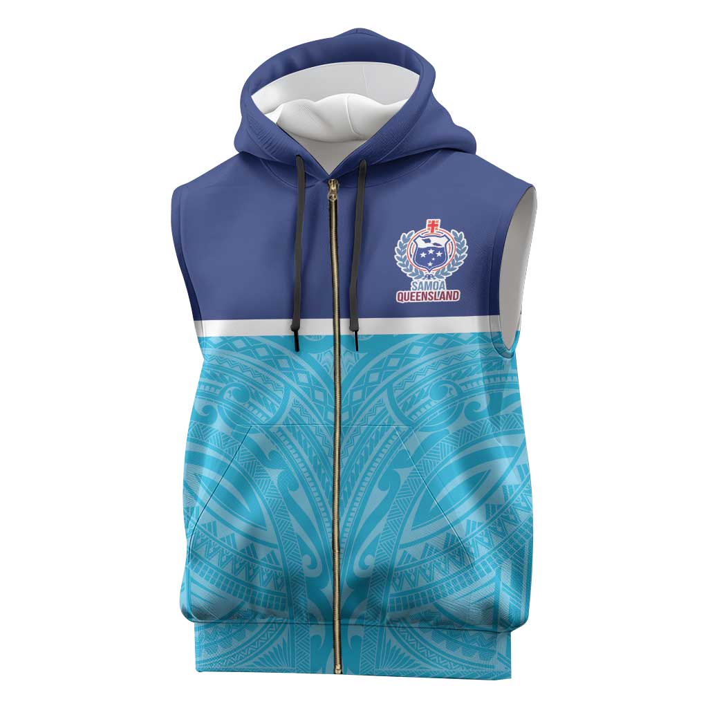 Queensland Samoa Custom Sleeveless Zip Hoodie Blue Pacific Polynesian Tribal Pattern - Polynesian Pride