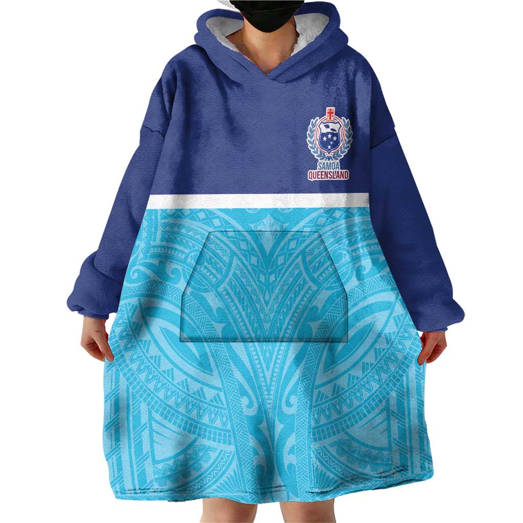 Queensland Samoa Custom Wearable Blanket Hoodie Blue Pacific Polynesian Tribal Pattern