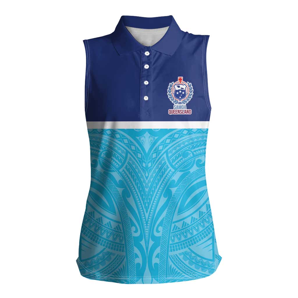Queensland Samoa Custom Women Sleeveless Polo Shirt Blue Pacific Polynesian Tribal Pattern