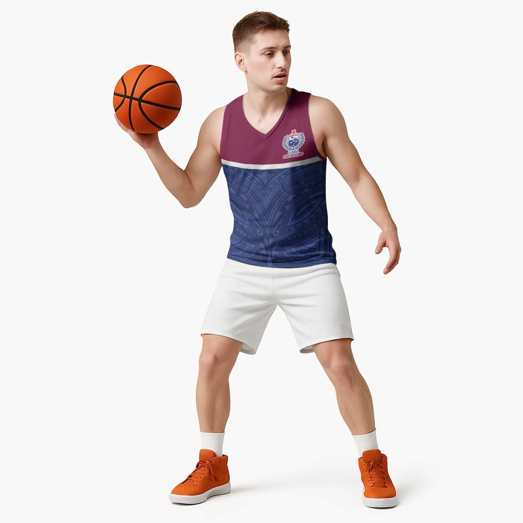 Queensland Samoa Custom Basketball Jersey Maroon-Blue Pacific Polynesian Tribal Pattern - Polynesian Pride